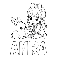 Online izdelana pobarvanka - Pobarvanka imena AMRA in pobarvanka ljubke punčke, ki se igra z zajčkom