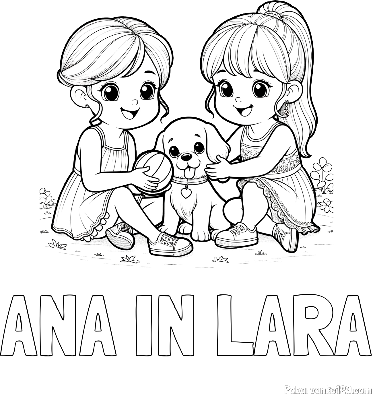 Pobarvanka imena ANA IN LARA in pobarvanka prijateljic s kužkom