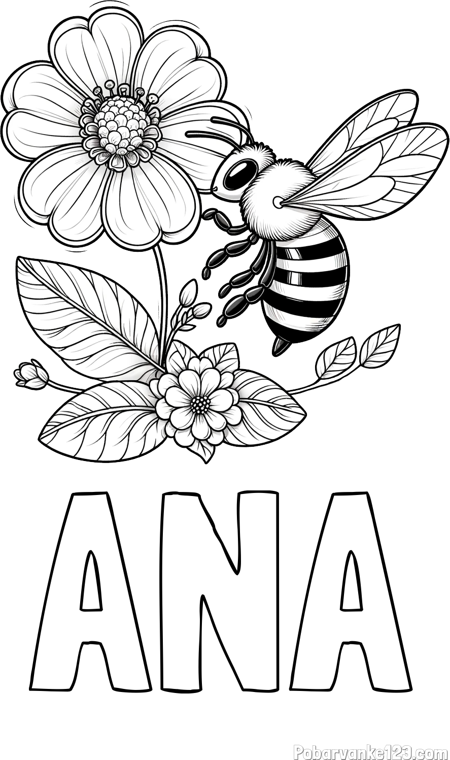 Pobarvanka imena ANA in otroška pobarvanka čebelice in rožice