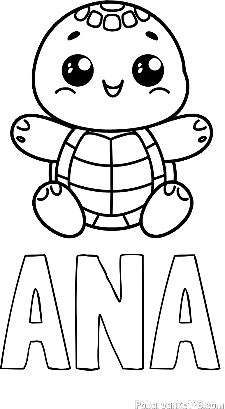 Pobarvanka imena ANA in otroška pobarvanka ljubke in nasmejane želvice
