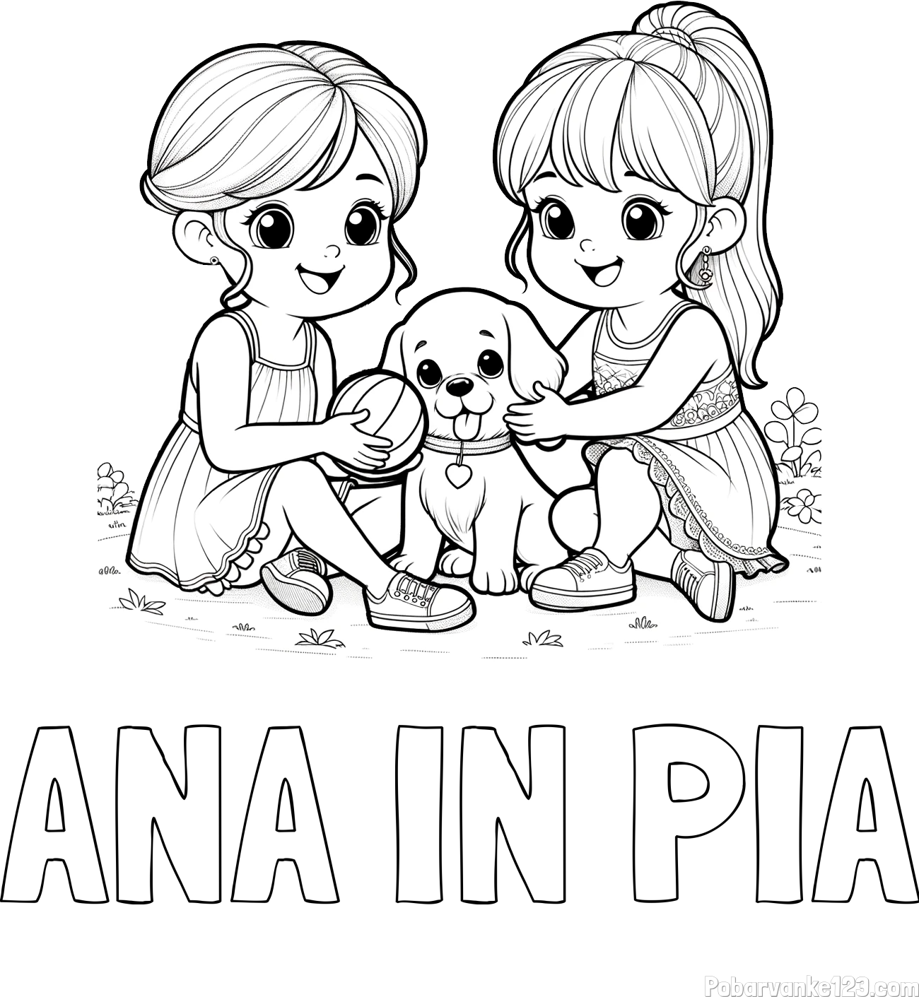 Pobarvanka imena ANA IN PIA in pobarvanka prijateljic s kužkom
