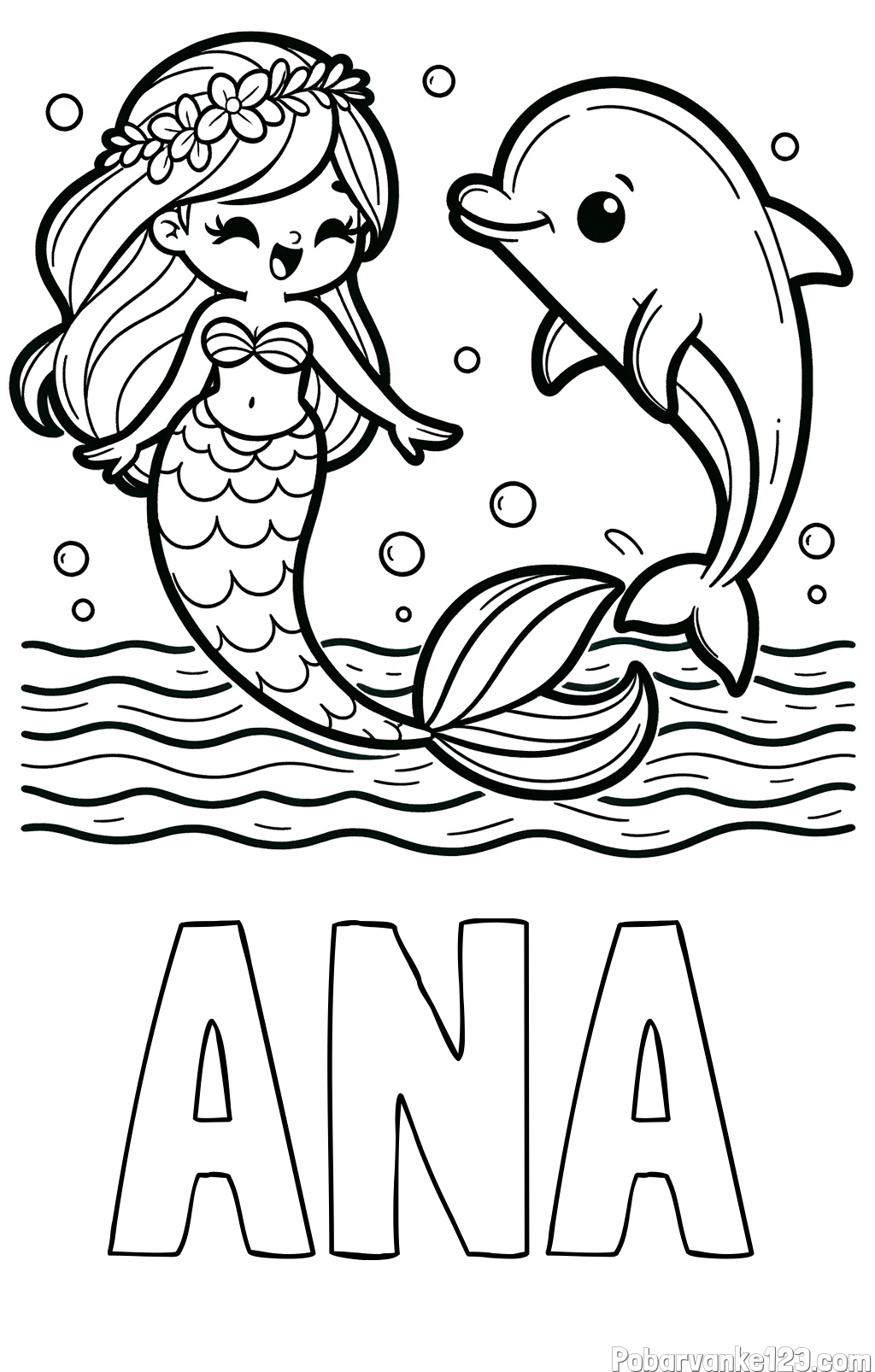 Pobarvanka imena ANA in pobarvanka ljubke morske deklice, ki pleše z delfinom