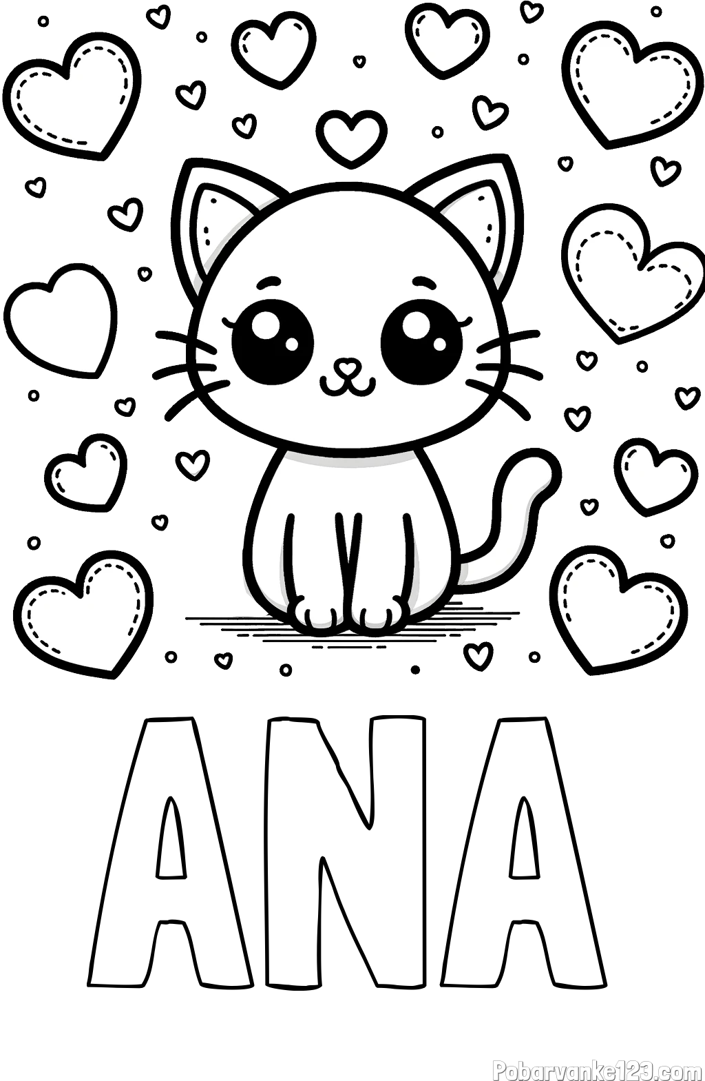 Pobarvanka imena ANA in pobarvanka ljubke mucke obdane z veliko srčki