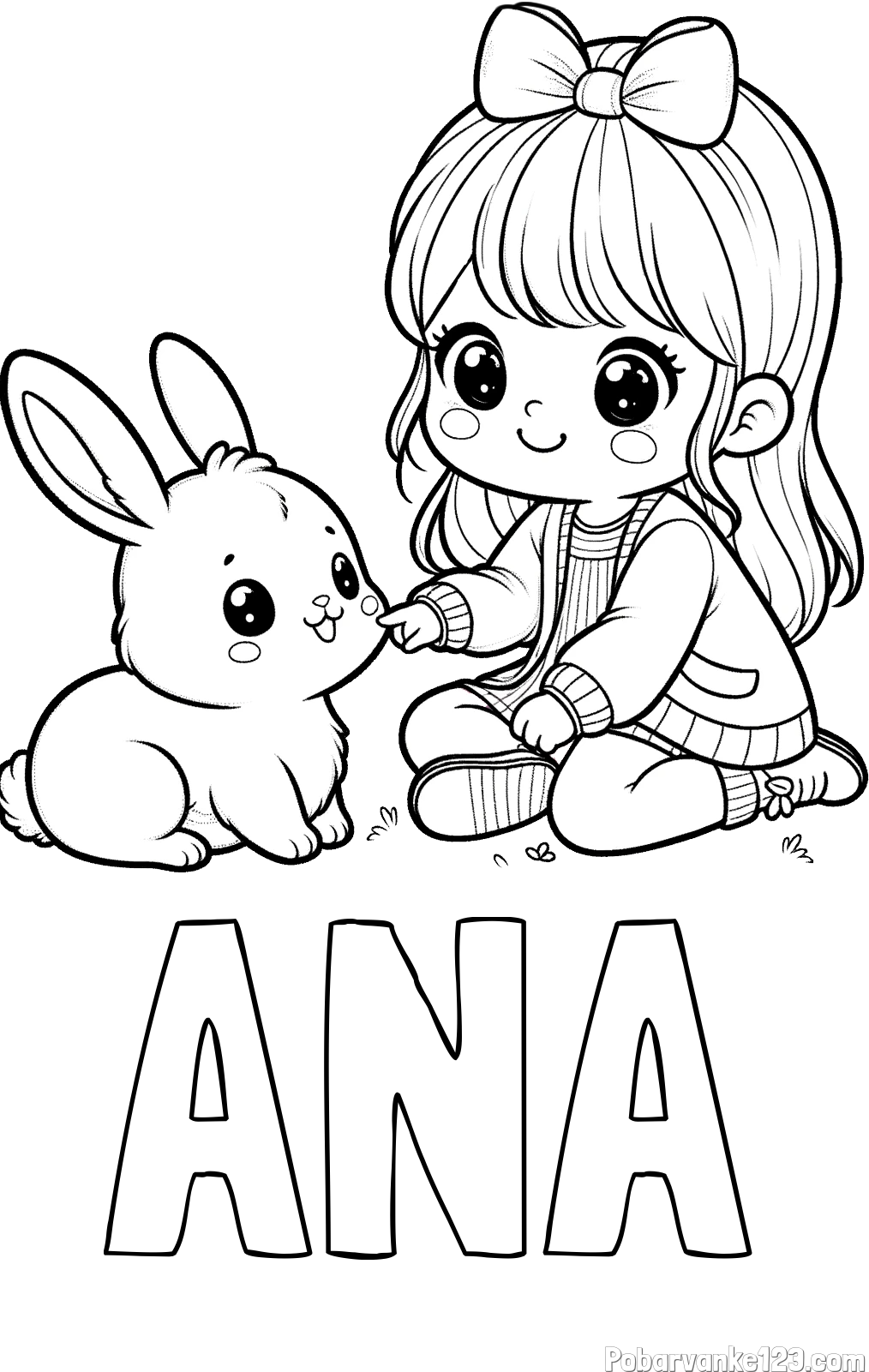 Pobarvanka imena ANA in pobarvanka ljubke punčke, ki se igra z zajčkom