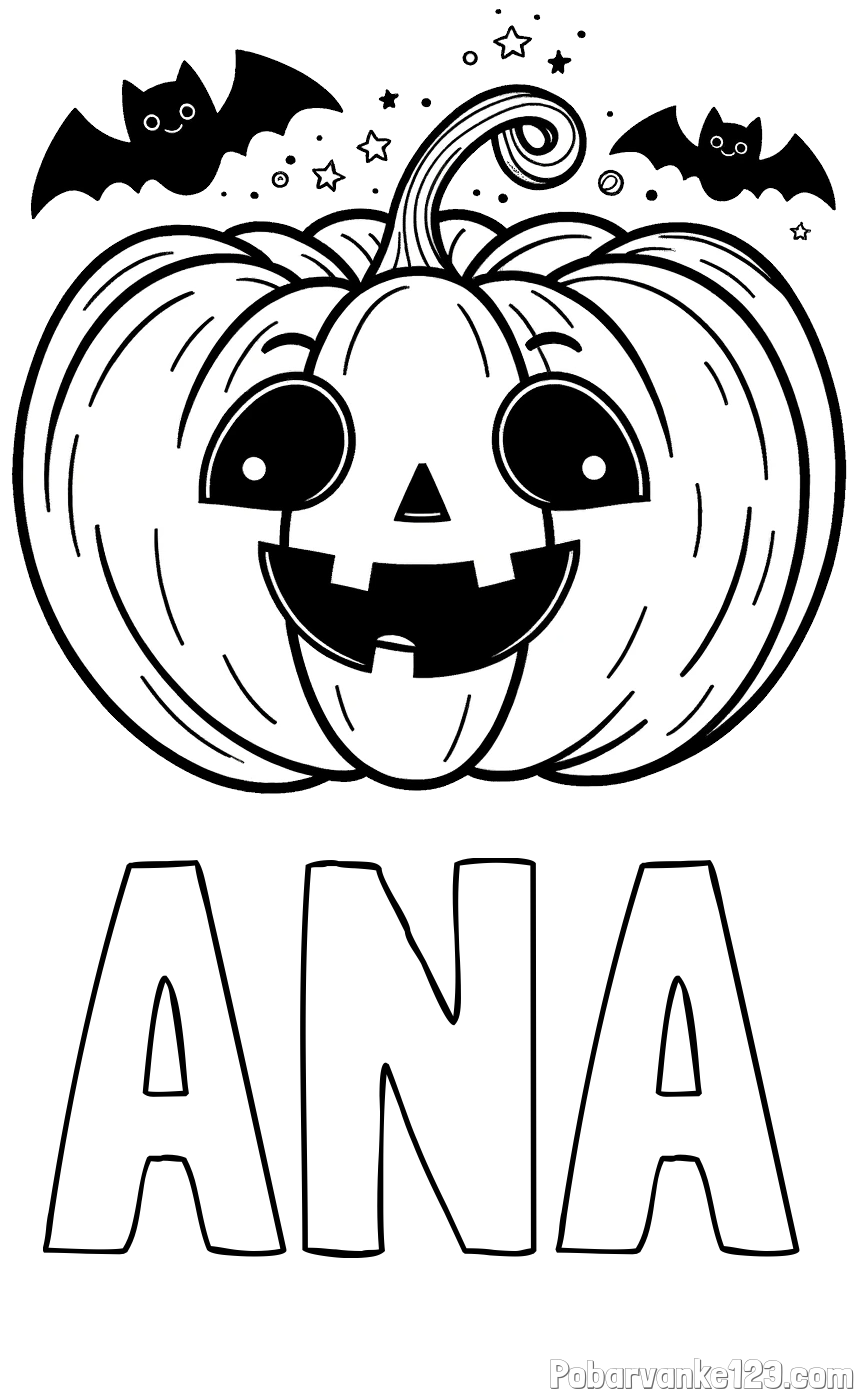 Pobarvanka imena ANA in pobarvanka nasmejane buče ter dveh netopirjev za noč čarovnic
