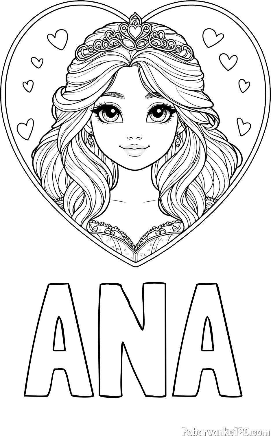 Pobarvanka imena ANA in pobarvanka princeske ter srčkov