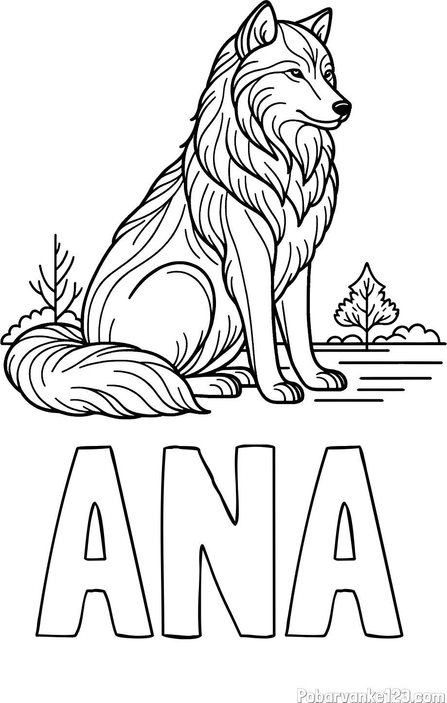 Pobarvanka imena ANA in pobarvanka sedečega volka