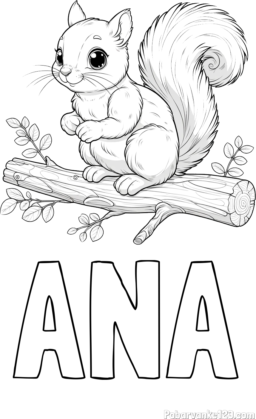 Pobarvanka imena ANA in pobarvanka veverice na veji