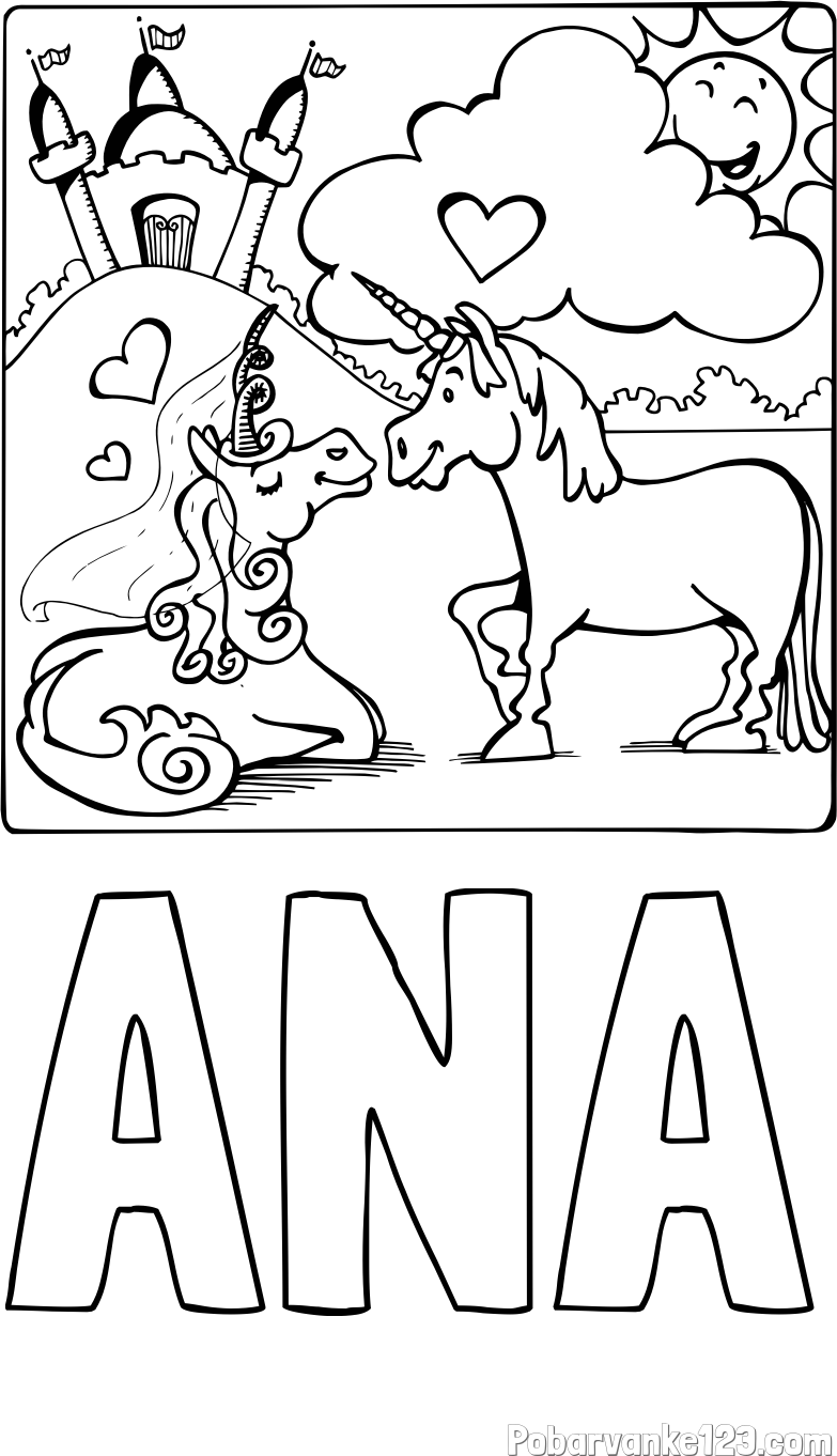 Pobarvanka imena ANA in pobarvanka zaljubljenih samorogov