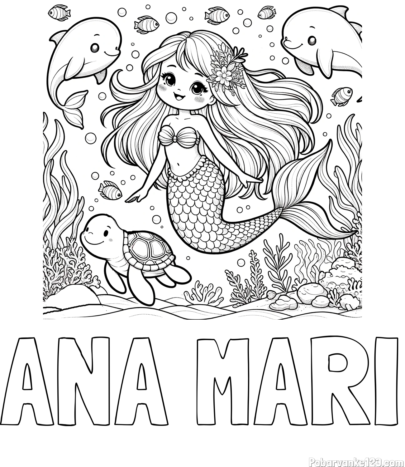 Pobarvanka imena ANA MARI in pobarvana ljubke morske deklice s prijatelji