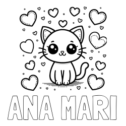 Online izdelana pobarvanka - Pobarvanka imena ANA MARI in pobarvanka ljubke mucke obdane z veliko srčki