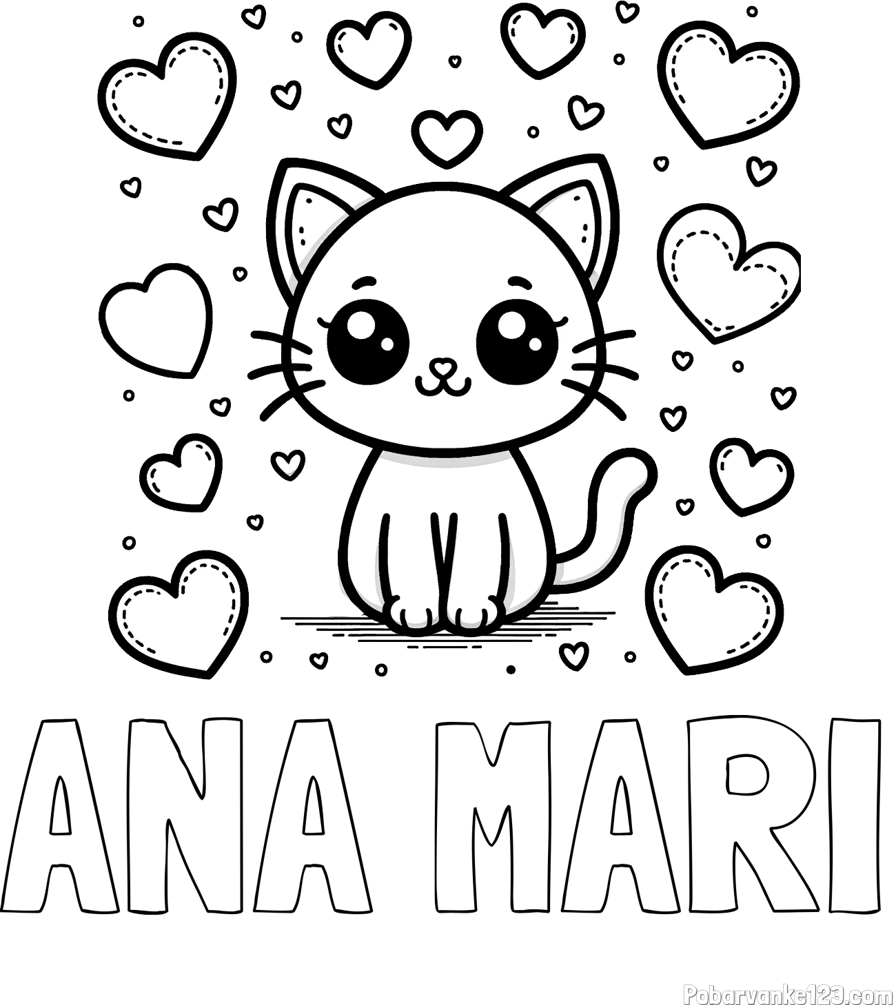 Pobarvanka imena ANA MARI in pobarvanka ljubke mucke obdane z veliko srčki