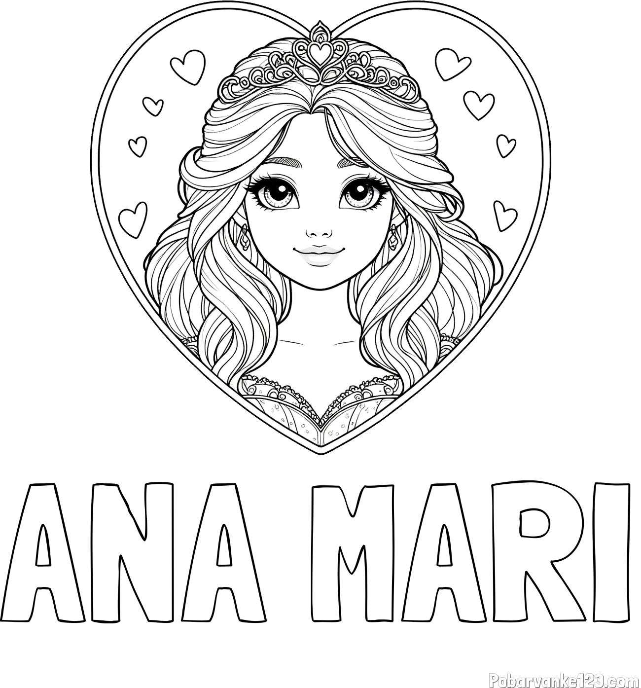Pobarvanka imena ANA MARI in pobarvanka princeske ter srčkov