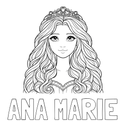 Online izdelana pobarvanka - Pobarvanka imena ANA MARIE in pobarvanka ljubke princese z bujnimi lasmi