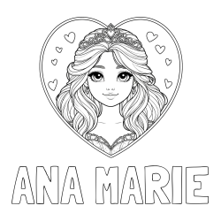 Online izdelana pobarvanka - Pobarvanka imena ANA MARIE in pobarvanka princeske ter srčkov