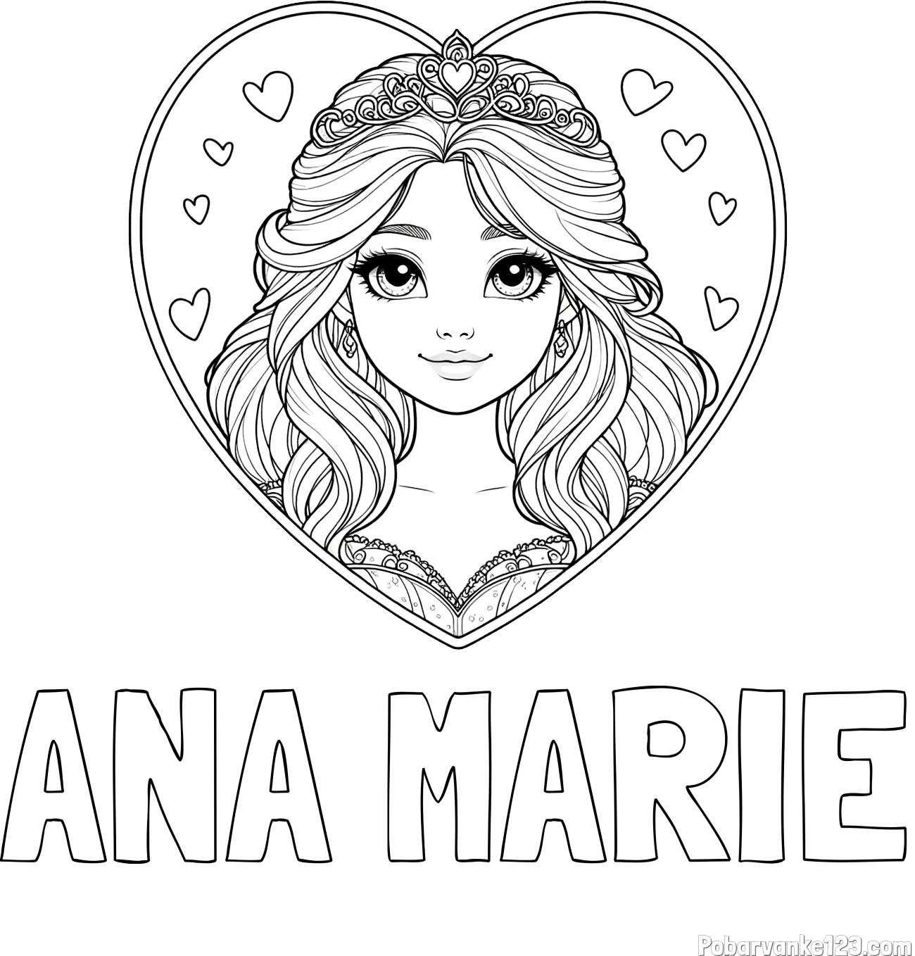 Pobarvanka imena ANA MARIE in pobarvanka princeske ter srčkov