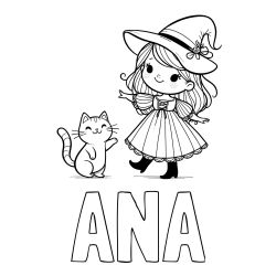Pobarvanka imena ANA ter ljubke čarovnice in igrive mucke