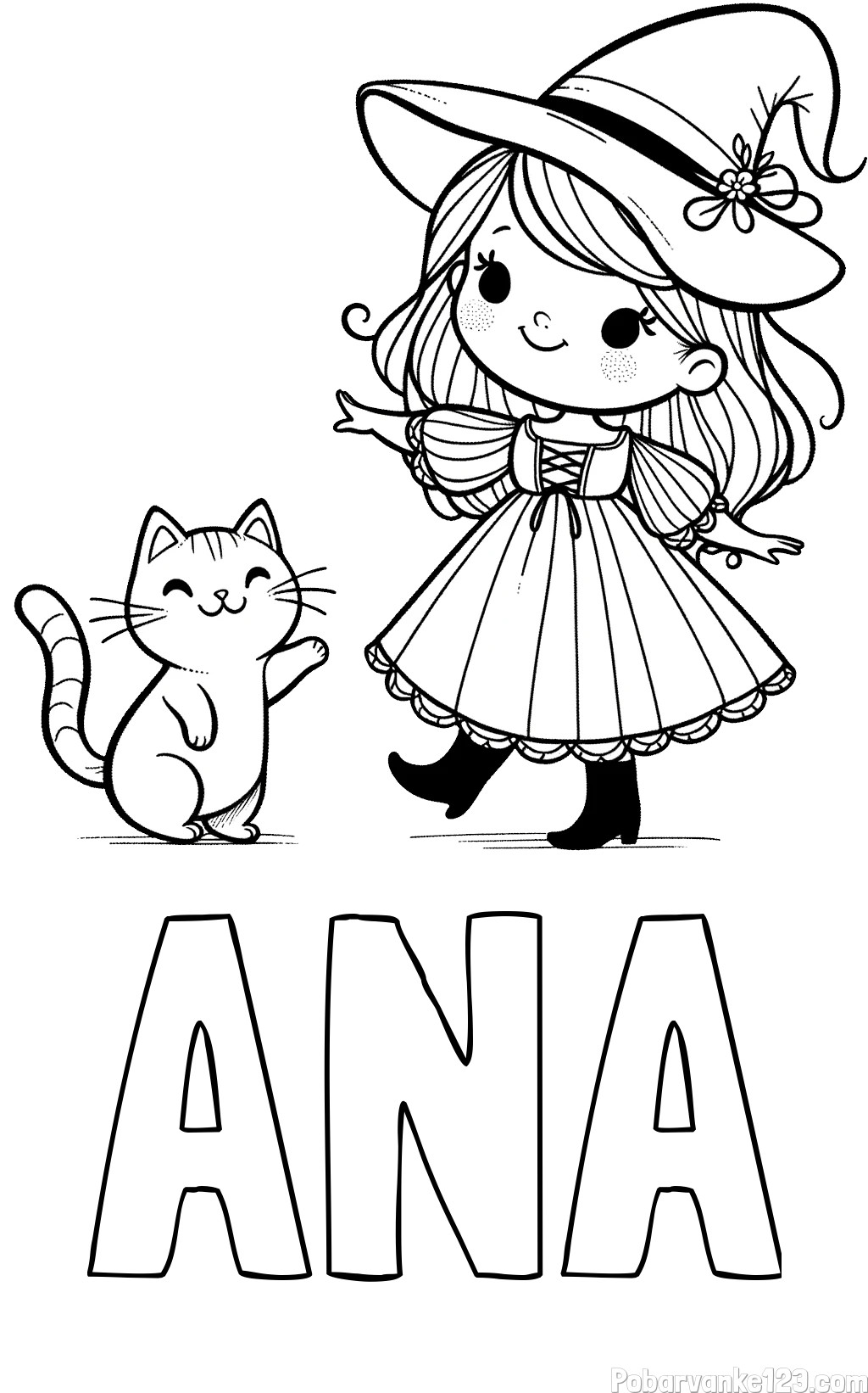 Pobarvanka imena ANA ter ljubke čarovnice in igrive mucke