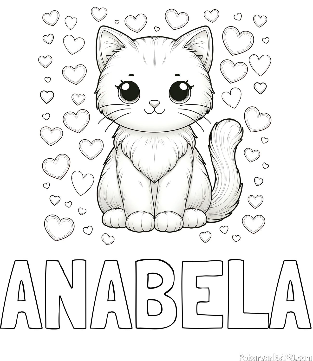 Pobarvanka imena ANABELA in pobarvanka ljubke mucke obdane s srčki