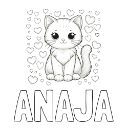 Online izdelana pobarvanka - Pobarvanka imena ANAJA in pobarvanka ljubke mucke obdane s srčki