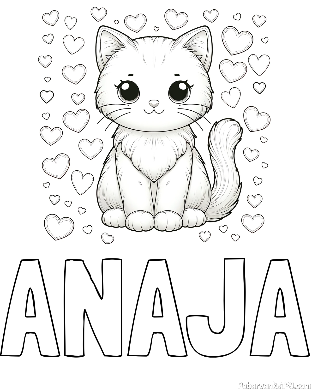 Pobarvanka imena ANAJA in pobarvanka ljubke mucke obdane s srčki