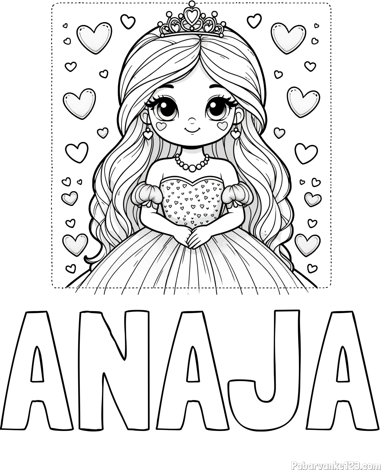 Pobarvanka imena ANAJA in pobarvanka ljubke princese obdane s srčki
