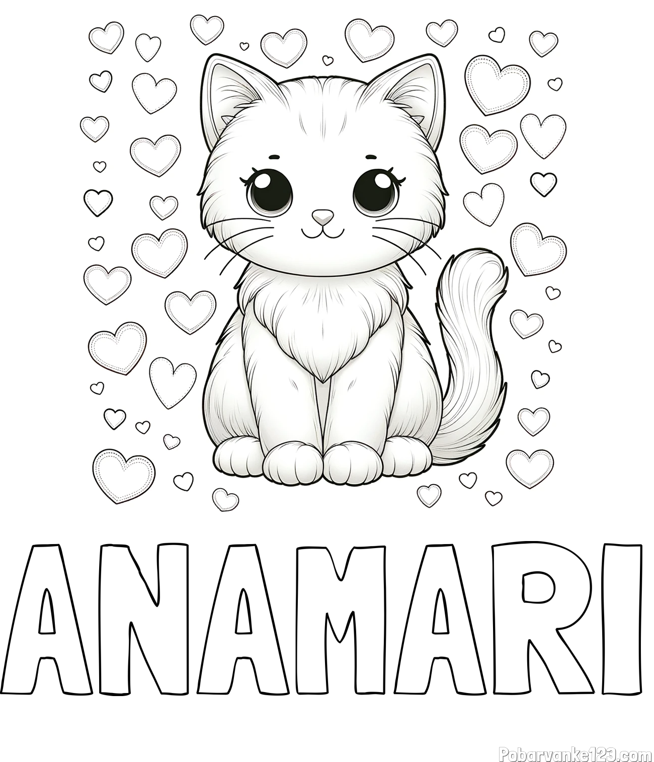 Pobarvanka imena ANAMARI in pobarvanka ljubke mucke obdane s srčki