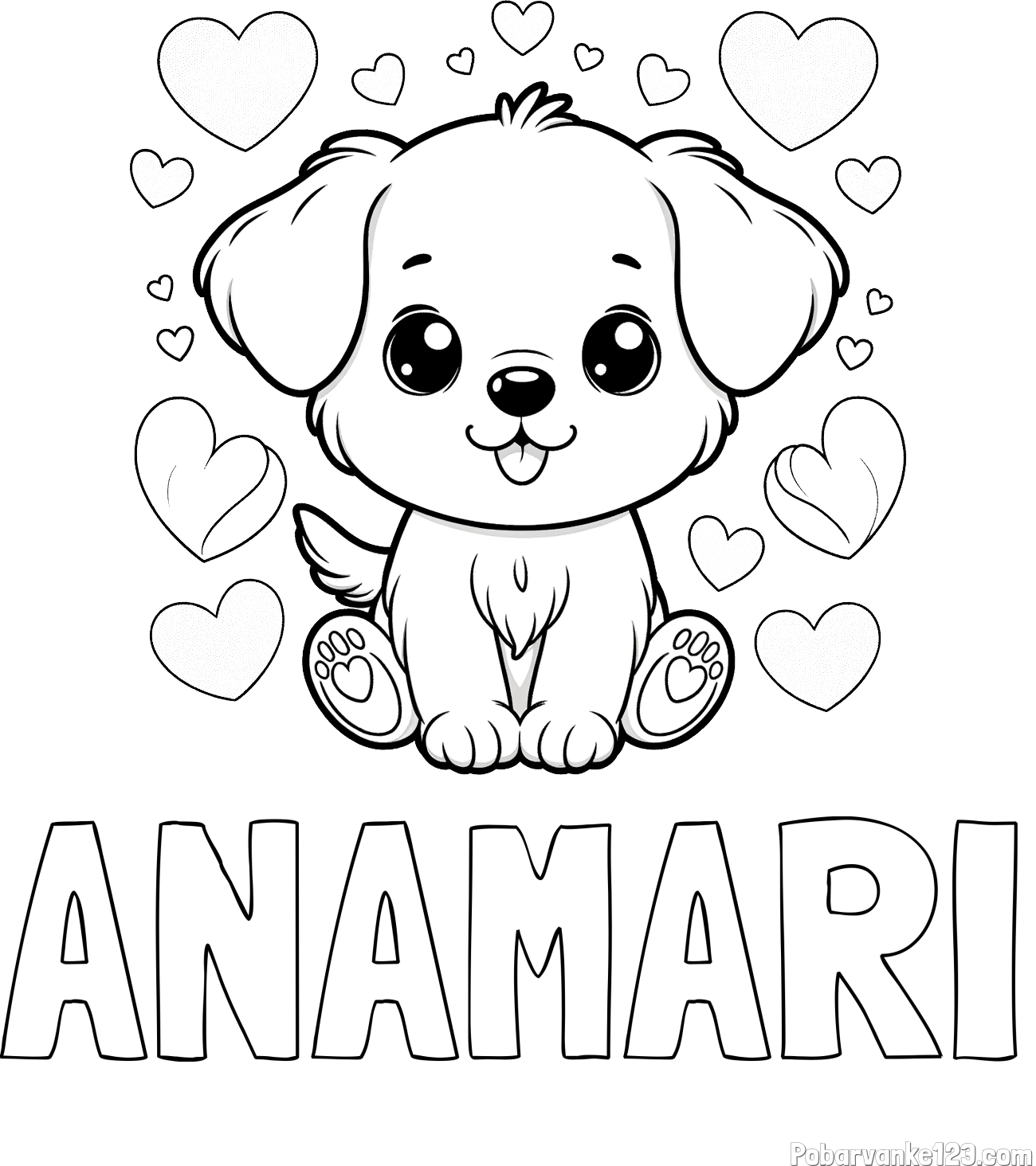 Pobarvanka imena ANAMARI in pobarvanka ljubkega kužka obdanega s srčki