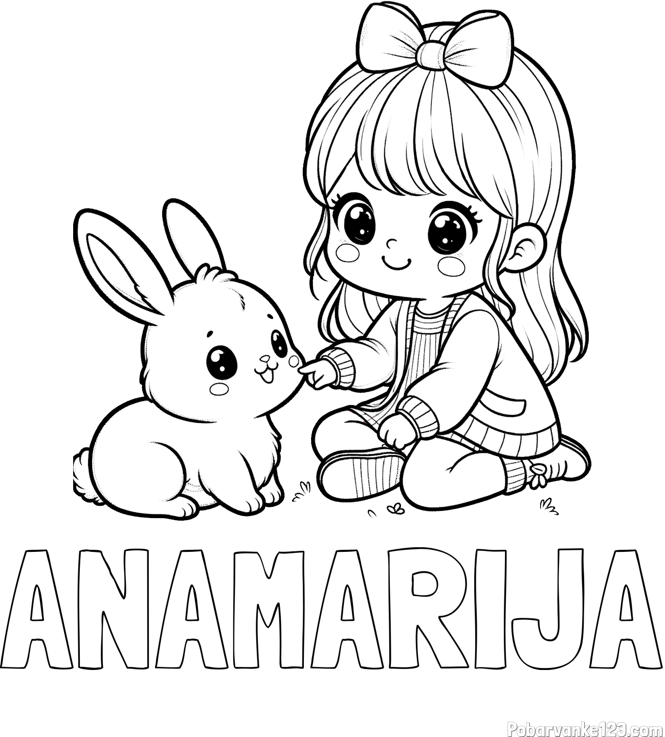 Pobarvanka imena ANAMARIJA in pobarvanka ljubke punčke, ki se igra z zajčkom
