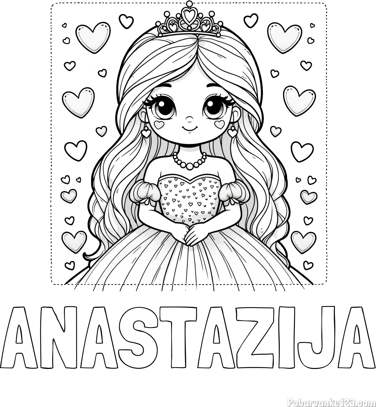 Pobarvanka imena ANASTAZIJA in pobarvanka ljubke princese obdane s srčki