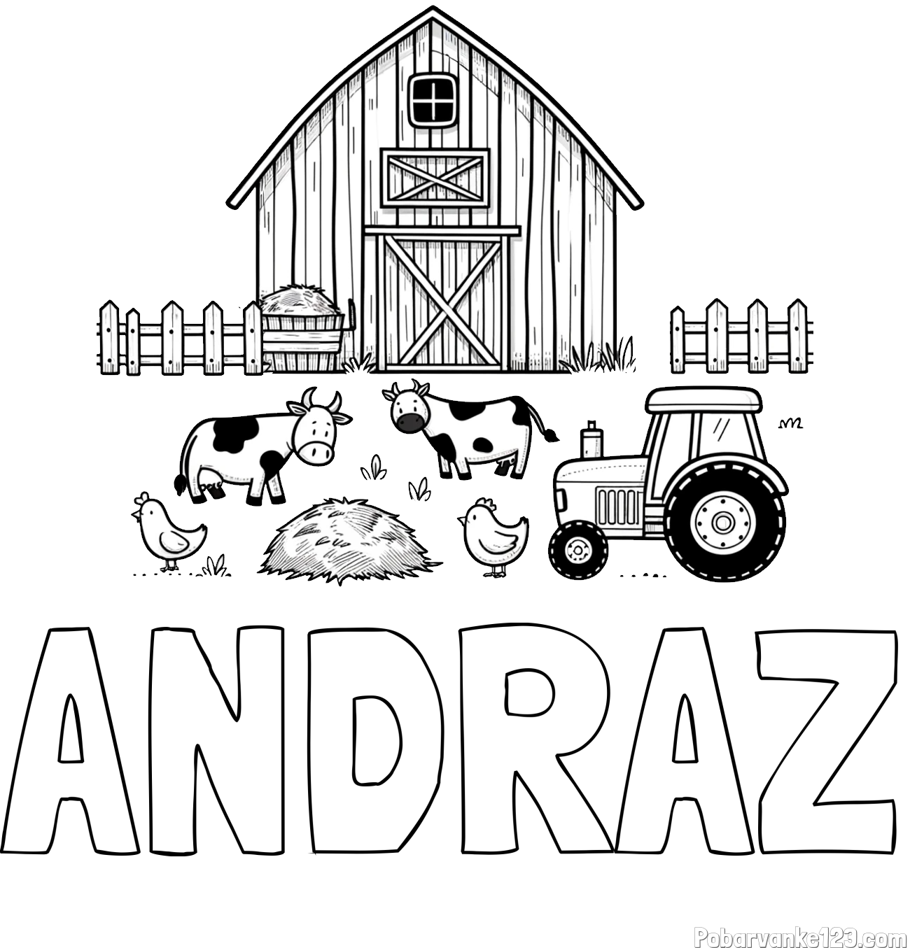 Pobarvanka imena ANDRAŽ in otroška pobarvanka velikega senika, krav in traktorja