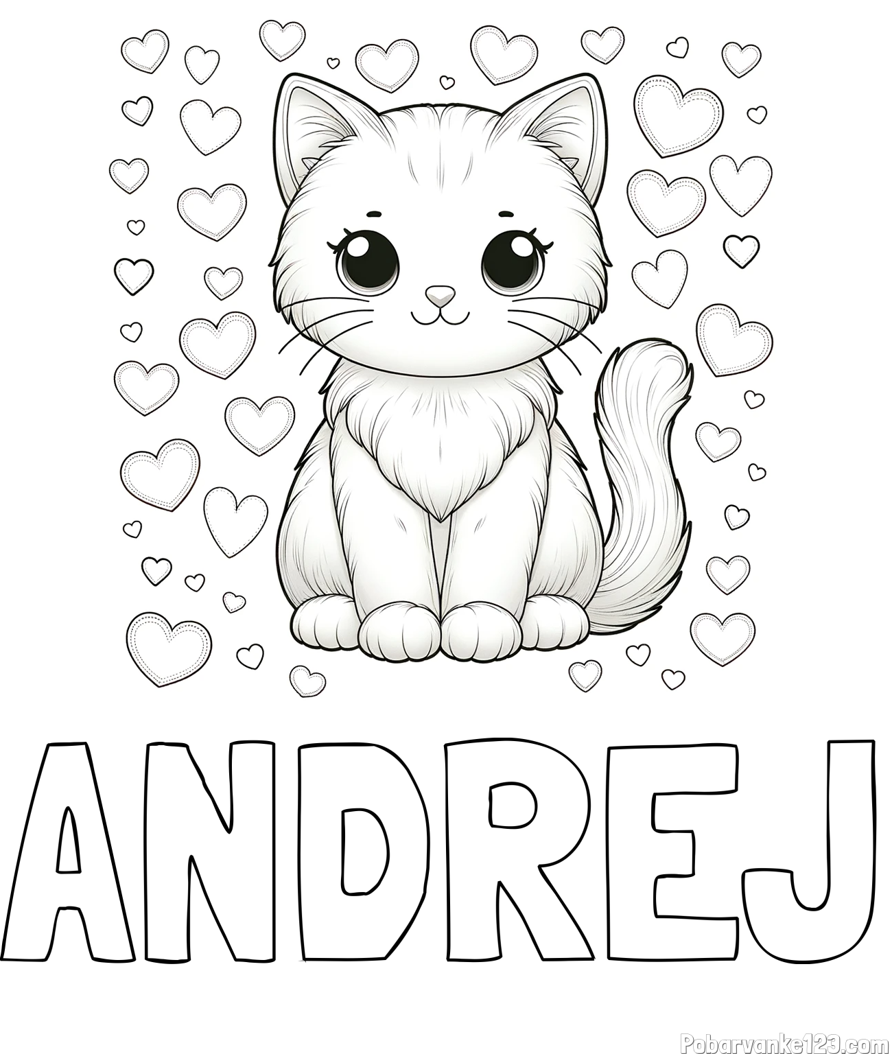 Pobarvanka imena ANDREJ in pobarvanka ljubke mucke obdane s srčki