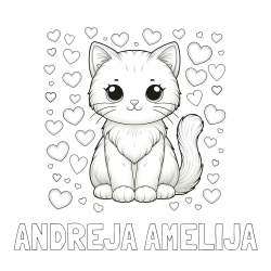Online izdelana pobarvanka - Pobarvanka imena ANDREJA AMELIJA in pobarvanka ljubke mucke obdane s srčki