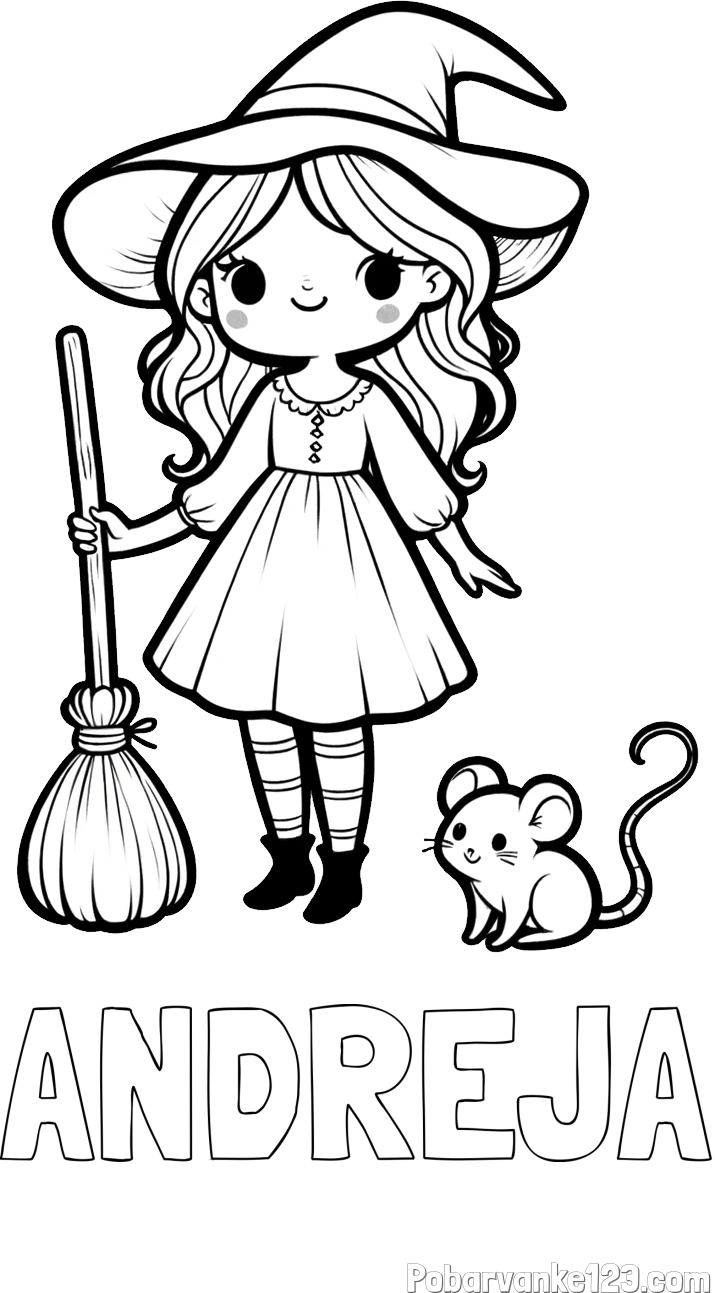 Pobarvanka imena ANDREJA in pobarvanka čarovnice z metlo in miško