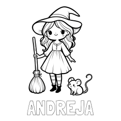 Online izdelana pobarvanka - Pobarvanka imena ANDREJA in pobarvanka čarovnice z metlo in miško