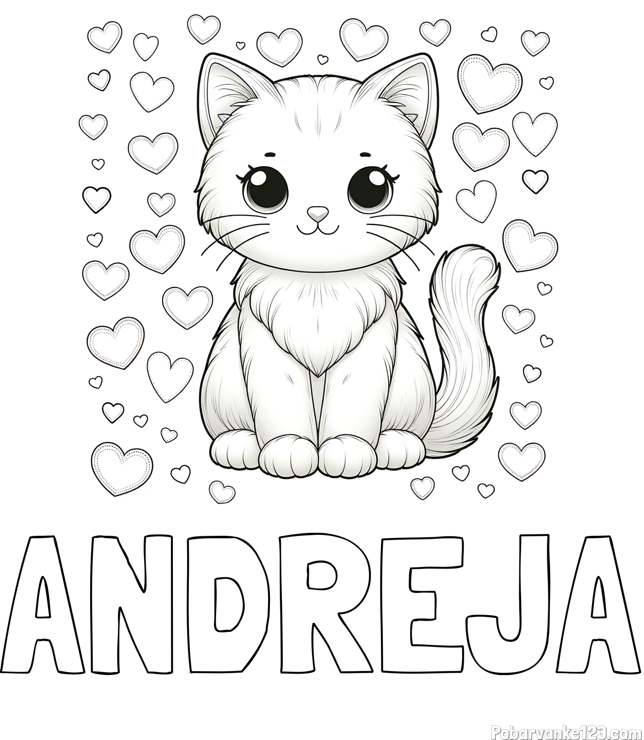 Pobarvanka imena ANDREJA in pobarvanka ljubke mucke obdane s srčki