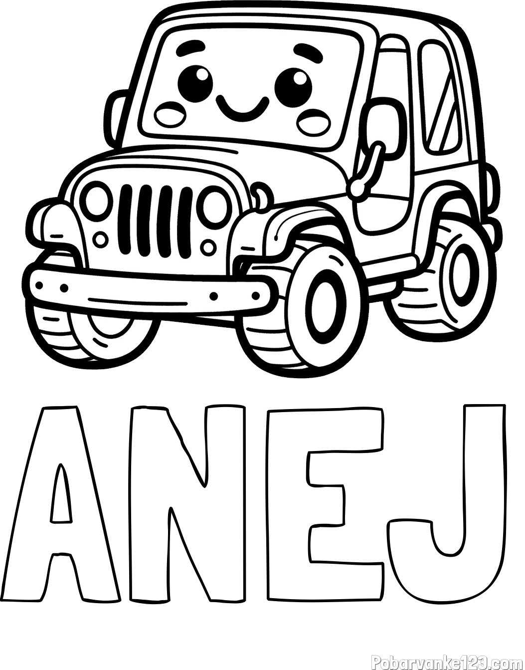 Pobarvanka imena ANEJ in otroška pobarvanka ljubkega džipa