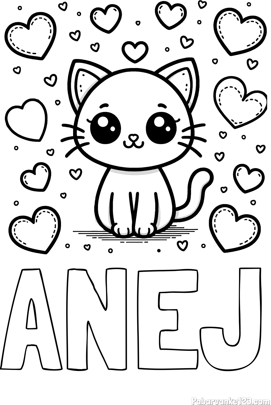 Pobarvanka imena ANEJ in pobarvanka ljubke mucke obdane z veliko srčki