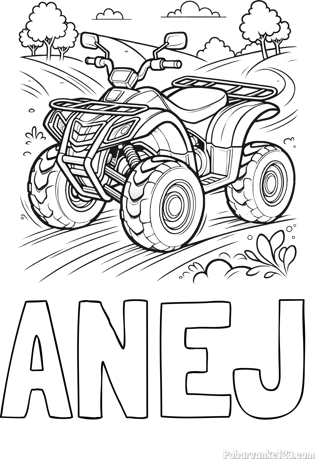 Pobarvanka imena ANEJ in pobarvanka štirikolesnika na cesti