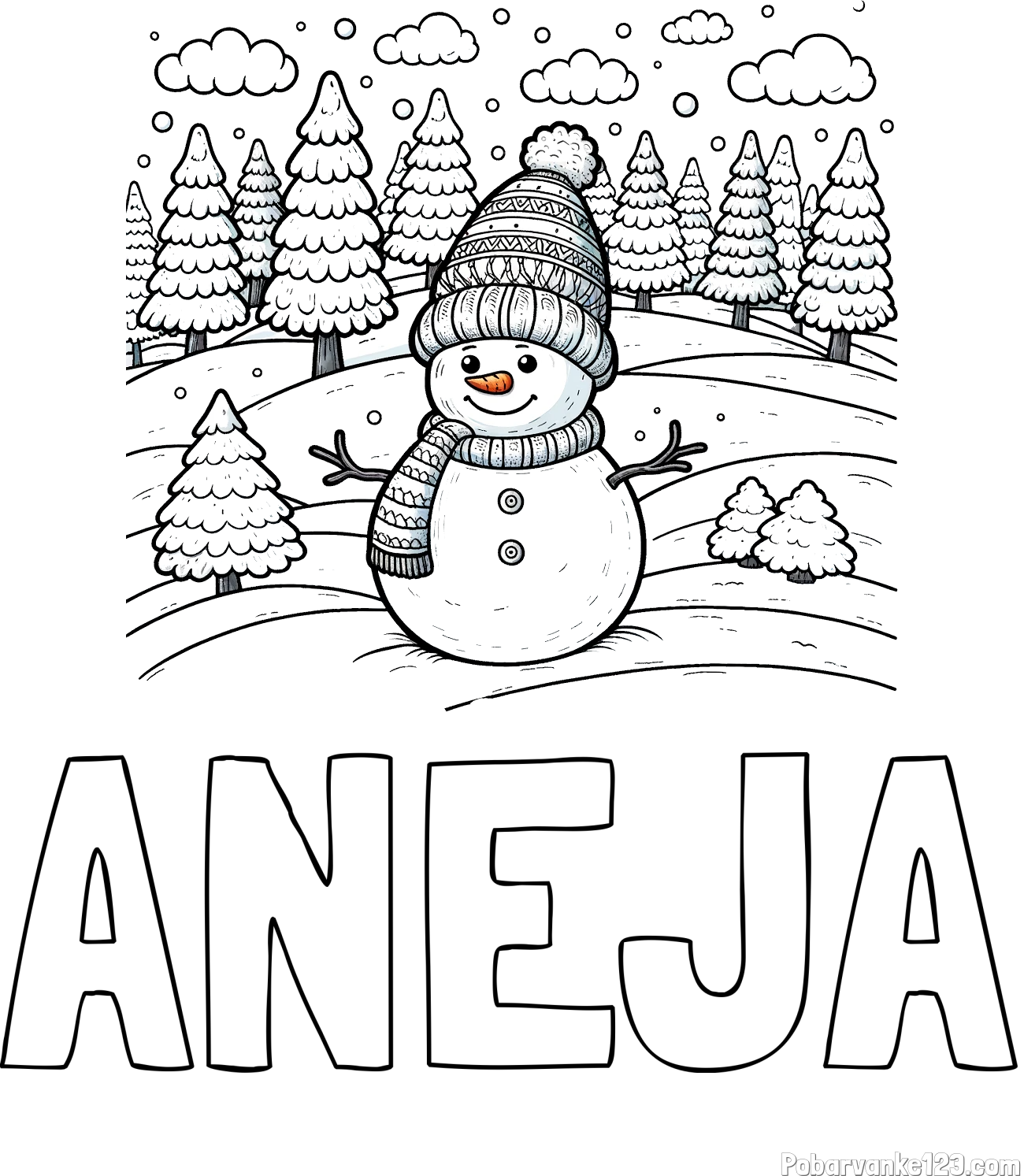 Pobarvanka imena ANEJA in pobarvanka snežaka v naravi obdanega z zasneženimi smrekami