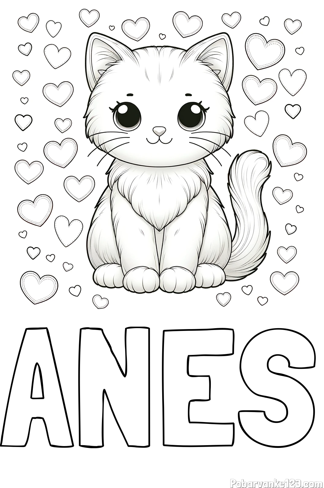 Pobarvanka imena ANES in pobarvanka ljubke mucke obdane s srčki