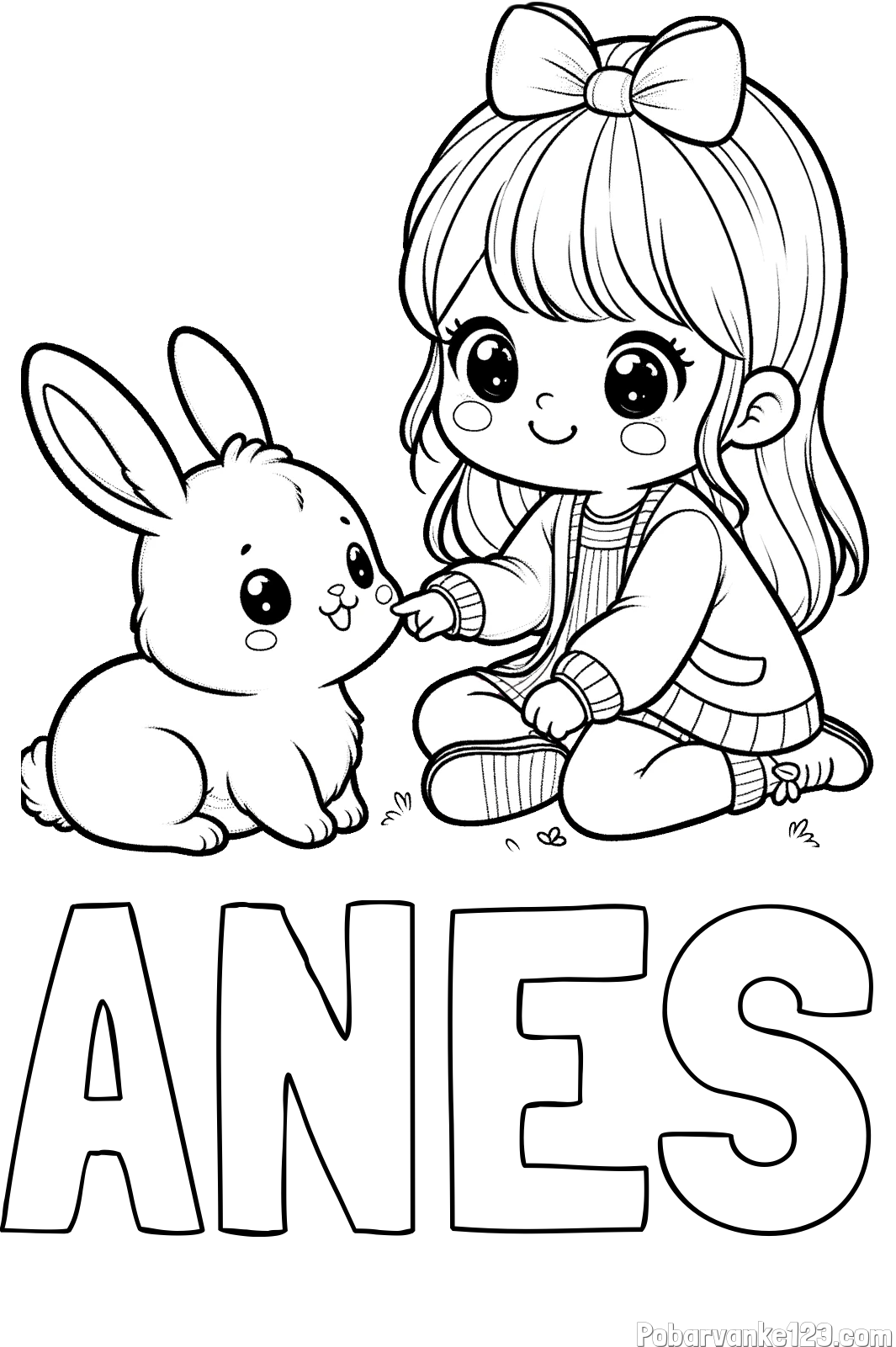 Pobarvanka imena ANES in pobarvanka ljubke punčke, ki se igra z zajčkom