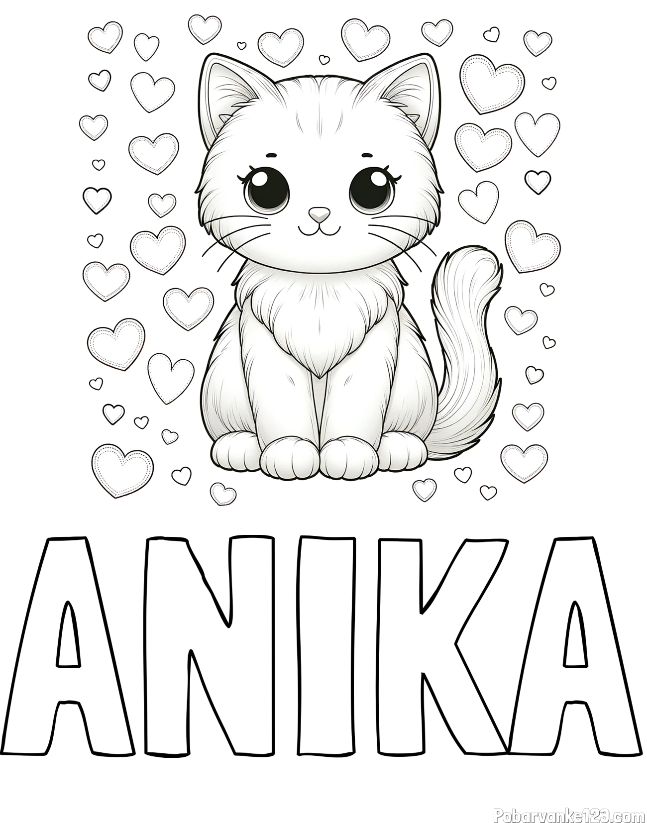 Pobarvanka imena ANIKA in pobarvanka ljubke mucke obdane s srčki