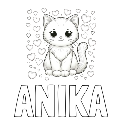 Pobarvanka imena ANIKA in pobarvanka ljubke mucke obdane s srčki