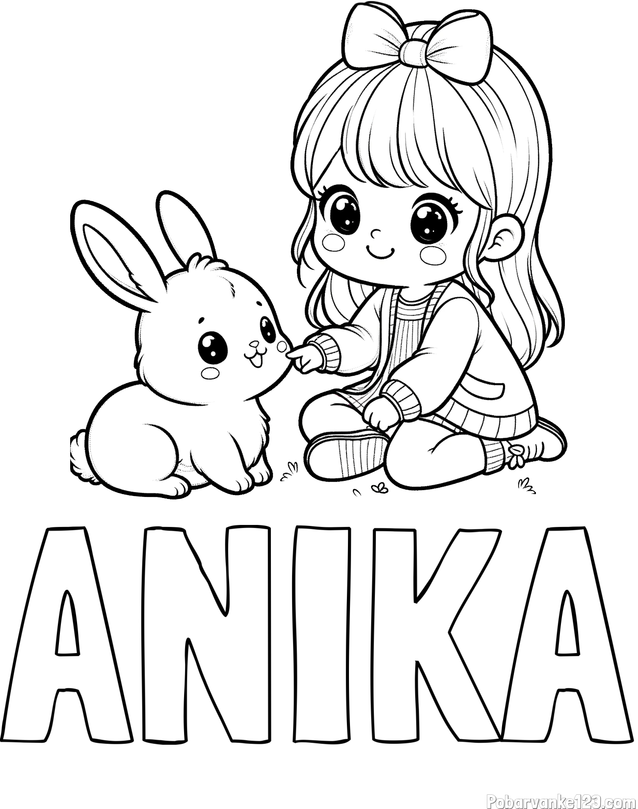 Pobarvanka imena ANIKA in pobarvanka ljubke punčke, ki se igra z zajčkom