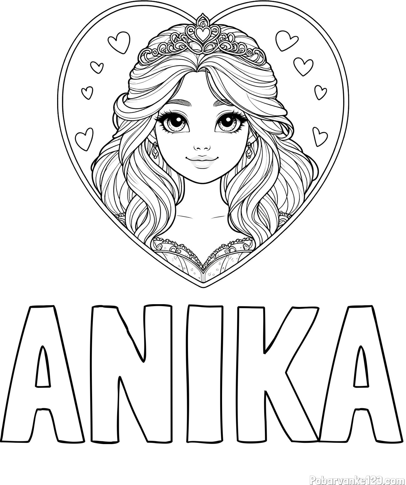 Pobarvanka imena ANIKA in pobarvanka princeske ter srčkov