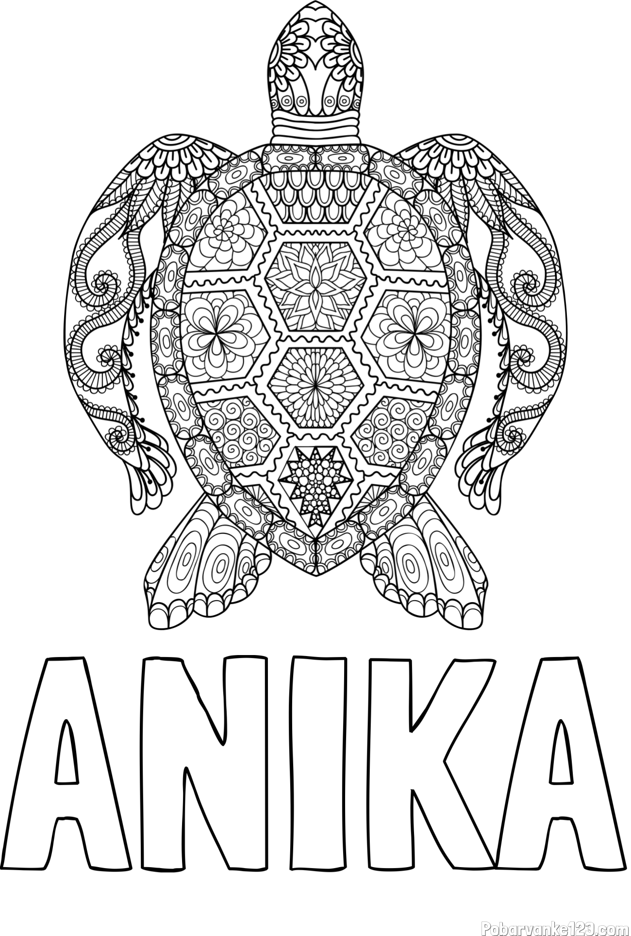 Pobarvanka imena ANIKA in pobarvanka želve - mandale