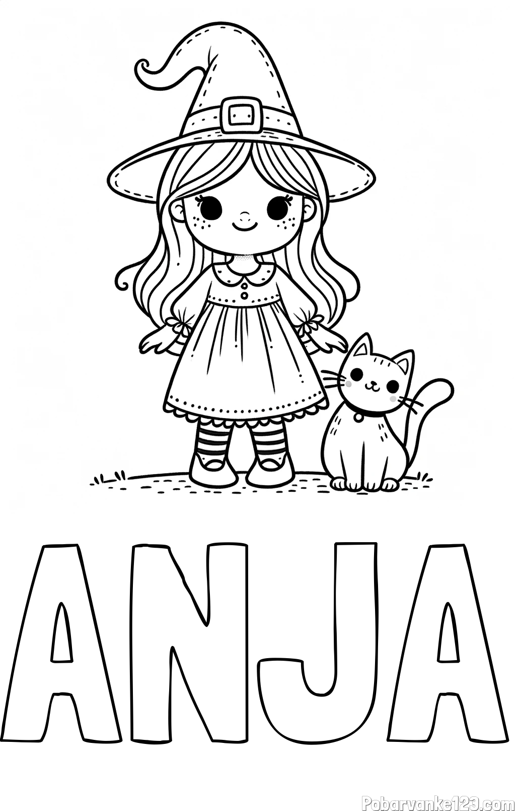 Pobarvanka imena ANJA in Čudovita pobarvanka ljubke čarovnice in nasmejane mačke