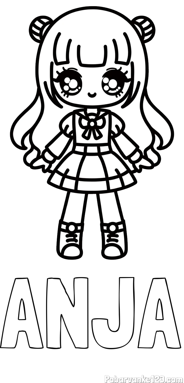 Pobarvanka imena ANJA in otroška pobarvanka punčke v anime slogu