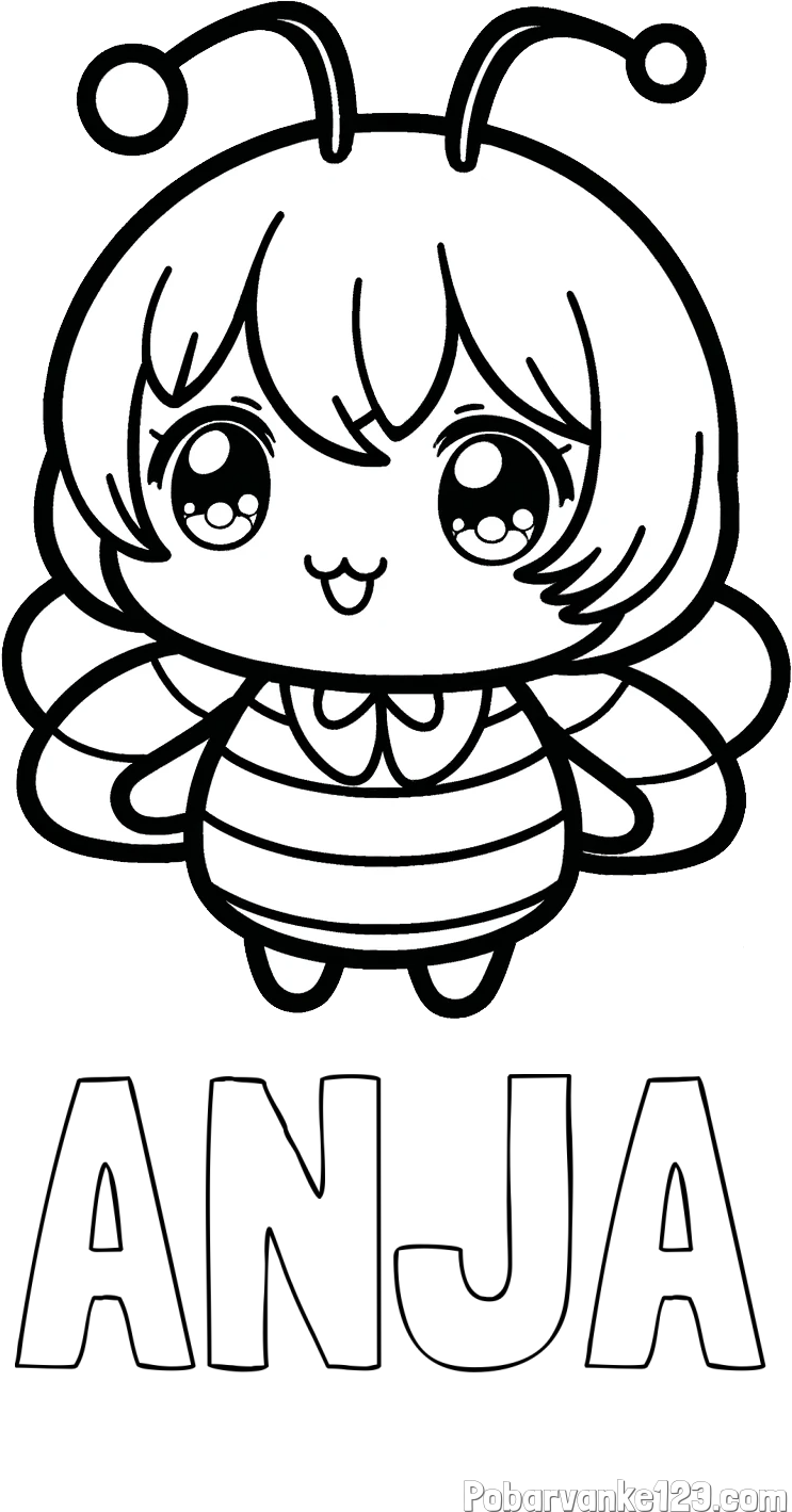 Pobarvanka imena ANJA in pobarvanka čebelice v stilu anime